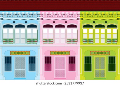 Padrão perfeito com fachadas coloridas de casas Nyonya. Ilustração vetorial