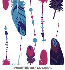 Seamless pattern of colourful feathers. Vector illustration.