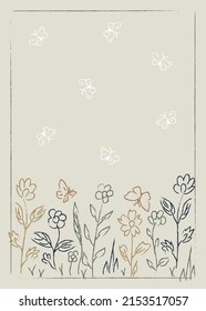 Seamless pattern with colourful flowers and leaves on a white background. Abstract floral and butterflies on beige background.