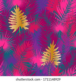 Seamless pattern with colourful and golden palm leaves on turquoise background. Summer pink, violet, purple, lilac colours.Tropical summer pattern with palm leaves for fabric and wrap.