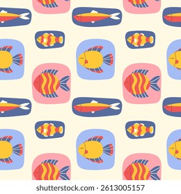 Seamless pattern with colourful hand-drawn fishes
