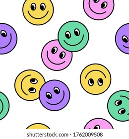 Seamless Pattern Of Colourful Happy Face Icon. Smiling Emoticon Texture. Smile Background. Smile Face Icon All Over Print. Isolated Happy Faces.