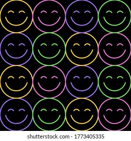 Seamless Pattern Of Colourful Happy Face Icon. Smiling Emoticon Texture. Smile Background. Smile Face Icon All Over Print. Happy Faces. Black Backgound.