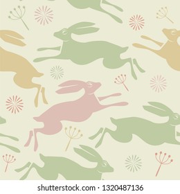 Seamless pattern with colourful hares and flowers. Vector illustration.