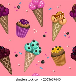 Seamless pattern with colourful ice-creams and cupcakes with different toppings isolated on pink background. Vector food illustration