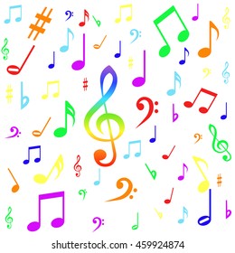 Seamless pattern with colourful music notes and white background. Vector.