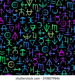 seamless pattern of colourful neon alchemical signs on a black background