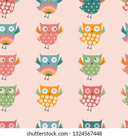 Seamless pattern with colourful owls. Vector illustration.