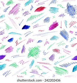 Seamless pattern of colourful pen strokes and scribbles. Various shapes on white background. Vector illustration.