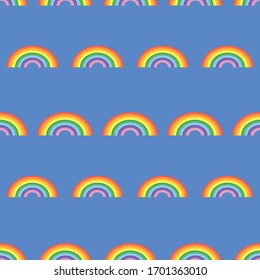 Seamless pattern with colourful rainbows on blue background. Creative texture for fabric, wrapping, textile, backgrounds, wallpaper, apparel. Vector illustration