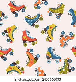 Seamless pattern with colourful retro roller skates. Vector illustration.