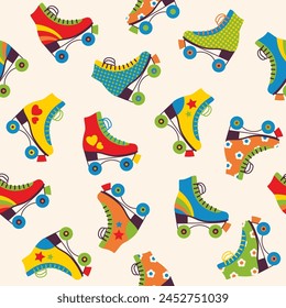 Seamless pattern with colourful retro roller skates. Vector illustration.