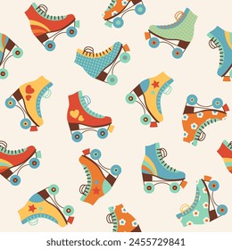 Seamless pattern with colourful retro roller skates. Vector illustration.
