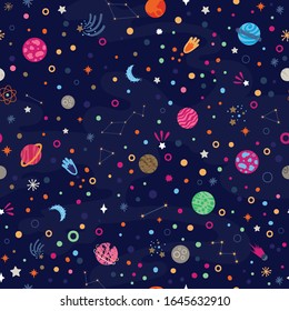 Seamless pattern with colourful space with planets, comets, constellations and stars. Night sky hand drawn astronomical elements. Cool design unisex illustration for children collection.