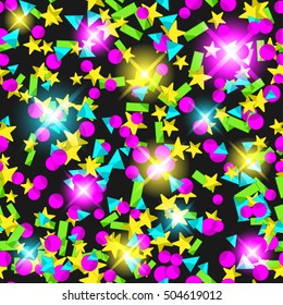 Seamless pattern with colourful sparlking confetti. Bright abstract holiday background.