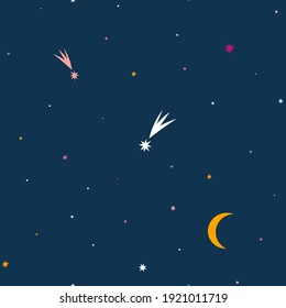 Patrón sin foco con estrellas, cometas y luna coloridas sobre fondo azul.