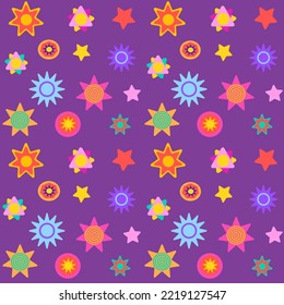 Patrón sin foco con estrellas coloridas sobre fondo morado. Para envolver papel, textiles, tarjetas, web.