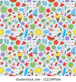Seamless pattern with colourful summer icons. Vector.