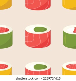 Seamless pattern with colourful sushi rolls. Sushi with salmon, tuna, avocado. Asian food in flat style.