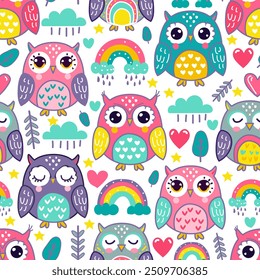 Seamless pattern with colourfull owl, rainbow, clowd, stars and hearts. Vector pattern for kids fabric, wrapping paper, package, textile, wallpaper print