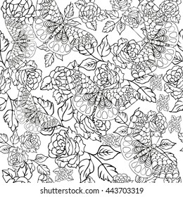 Seamless pattern. Colouring book with elements of natural environmental. Black and White. Abstract background with leaves, flowers and butterflies.