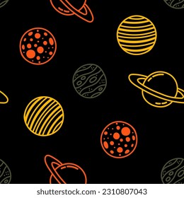 Seamless pattern with colrful planets and black background