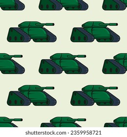 Seamless pattern with Combat army track tank with green coloring and long barrel. Ornament for decoration and printing on fabric and wrapping paper. Design element. Vector