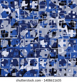 Seamless pattern. The combination of checkered structure and camouflage style. Intersections of circles, squares & pentagons. Nice palette. Apply to fabrics, backgrounds and other designs.