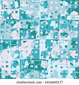 Seamless pattern. The combination of checkered structure and camouflage style. Intersections of circles, squares & pentagons. Nice palette. Apply to fabrics, backgrounds and other designs.