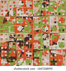 Seamless pattern. The combination of checkered structure and camouflage style. Intersections of circles, squares and pentagons. Nice palette. Apply to fabrics, backgrounds & other designs.