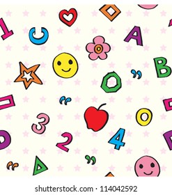 A seamless pattern of combination of kids stuff, from alphabets to shape and things in nature, great for kids product.