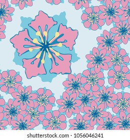 Seamless pattern. The combination of large five-petalled and small seven-petalled flowers.