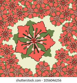 Seamless pattern. The combination of large five-petalled and small seven-petalled flowers.