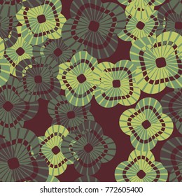 Seamless pattern. Combined in the shapes of radial rays, vortices, circles and rounded squares.