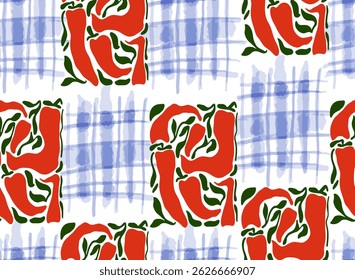 Seamless pattern combines chili peppers with a classic checkered tablecloth design. Perfect for summer-themed projects, kitchen textiles, and vibrant surface designs.