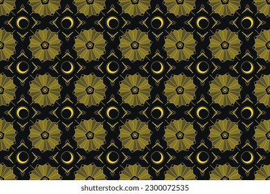 A seamless pattern combining elements of celestial objects with geometric art deco flower objects.
Ideal for fabric, playing cards, phone case, wrapping paper, notebook cover and more. Black and gold.