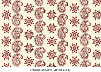 A seamless pattern combining paisley and floral elements in a red vintage style, perfect for fabric prints, wallpapers, and classic decorations.