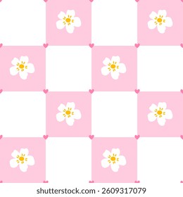Seamless pattern combining sakura flowers, hearts, and gingham checks in a soft pastel style. Perfect for baby clothes, spring textiles, and romantic wrapping paper