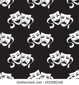 seamless pattern with comedy and tragedy theatrical masks on black background