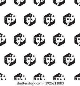 seamless pattern with comedy and tragedy theatrical masks on white background