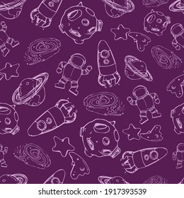Seamless pattern with comets, planets, stars and rockets, vector illustration of space