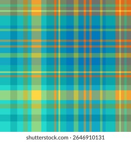 Seamless pattern in comfortable green, blue, yellow and orange for plaid, fabric, textile, clothes, tablecloth and other things. Vector image.