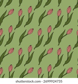 Seamless pattern with comfortable pink tulips on green background. Vector image.