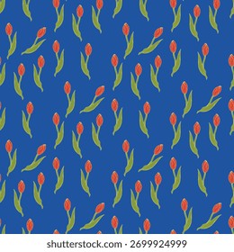 Patrón sin fisuras con tulipanes rojos cómodos sobre fondo azul. Imagen de Vector.