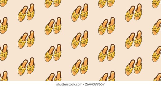 Seamless pattern with comfy yellow flat sandals featuring crisscross fabric straps. Summer shoes cartoon vector background