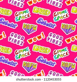 Seamless pattern with comic book colorful phrases, words: "Gimme space", "Esketit", "Dazed", "NSFW", etc. Fashion patches in 80s-90s style. Red background.