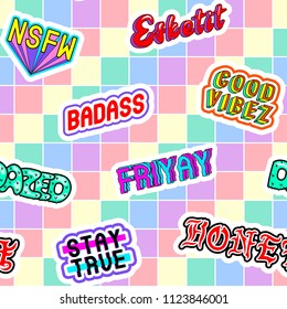 Seamless pattern with comic book colorful phrases, words: "Dazed", “Stay true”, “Honey”, “Good vibes”, etc. Fashion patches in 80s-90s style. Rainbow-colored background.