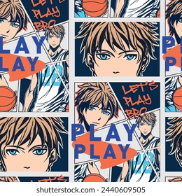 Seamless pattern of a comic book page background elements. Boy playing basketball. For Boys t-shirt.