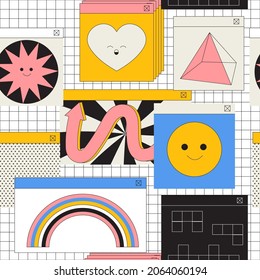 Seamless pattern with comic cartoon faces and colorful geometric shapes with outline. Endless texture in 80s 90s fashion style and smile emoji sign. Hipster abstract background or print.