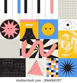 Seamless pattern with comic cartoon faces and colorful geometric shapes with outline. Mosaic texture in 80s 90s fashion style and smile emoji sign. Hipster abstract background or print.